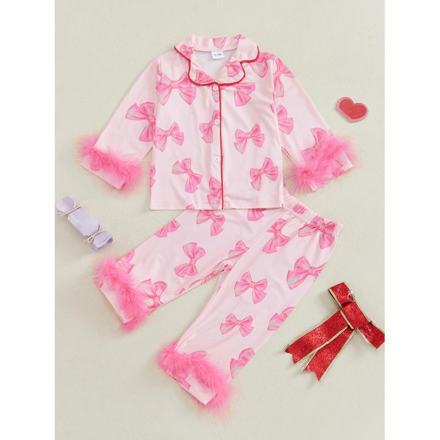 

2-7 Years Kids Baby Girls 2pcs Fall Pajamas Feather Trim Long Sleeve Bow Print Shirt + Pants Set Kid Sleepwear