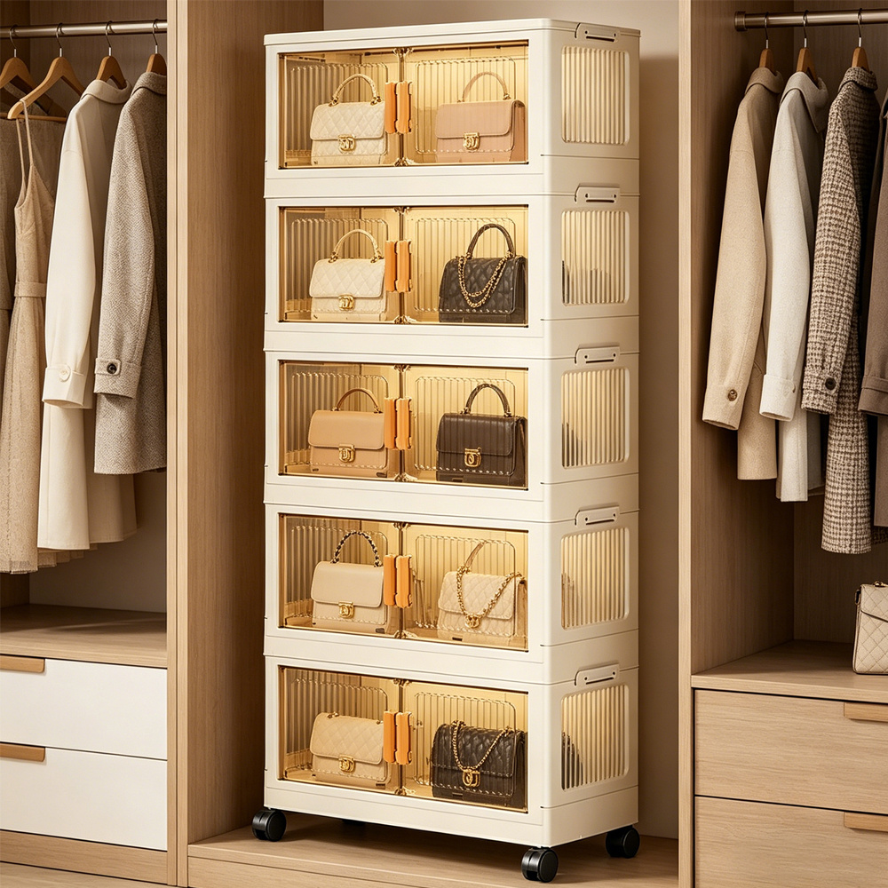 5-layer White Foldable Storage Cabinet With Lid And Stackable Wheels, Ideal For Clothes And Bedding. - Wardrobe Suitable For Snacks And, This Durable Organizer Is Perfect For Bedrooms And Game Rooms