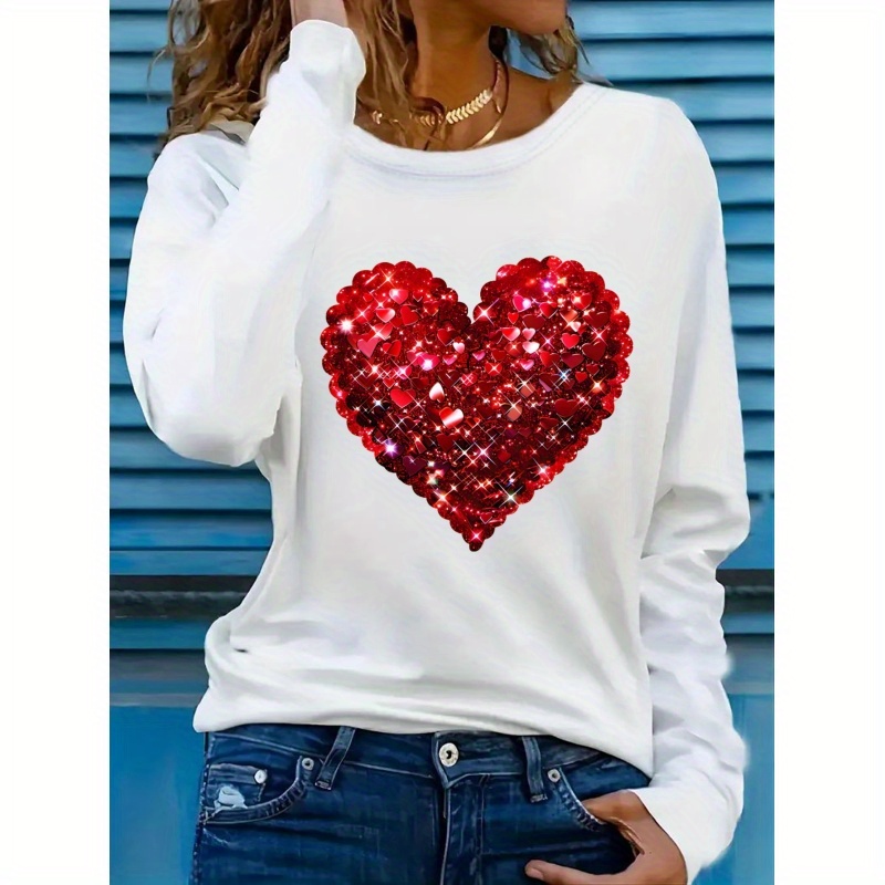 

Women's Chic White T-shirt With Sparkling Red Heart Print - Casual Long Sleeve Crew Neck Top, Stretchy Polyester , Machine Washable - All , Stylish Casualwear|| Texture