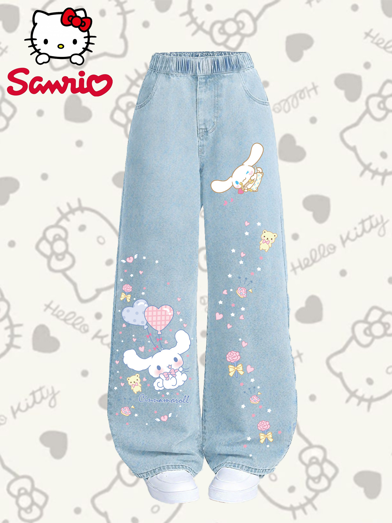   cinnamon dog printed girls teen jeans cute cartoon denim pants with cinnamon dog washed cowgirl   breathable fabric elastic waistband loose   season wear christmas outfits teen girls non   outdoor