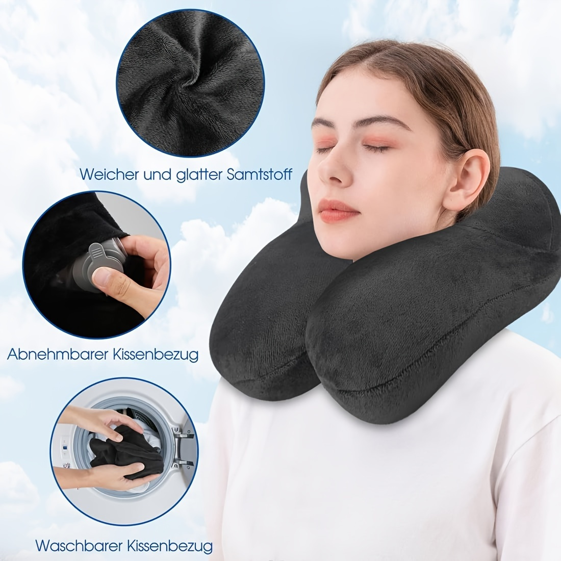 1pc Ergonomic Inflatable Travel Neck Pillow with Earplugs & Eye Mask - Soft Velvet Material, Neck Support, Cervical Spine Relaxation, Ideal for Airplanes, Cars, Offices & Camping, Sleeping Pillow, Space-Saving Design, Travel Comfort|Ergonomic Neck Pillow|Velvet Texture