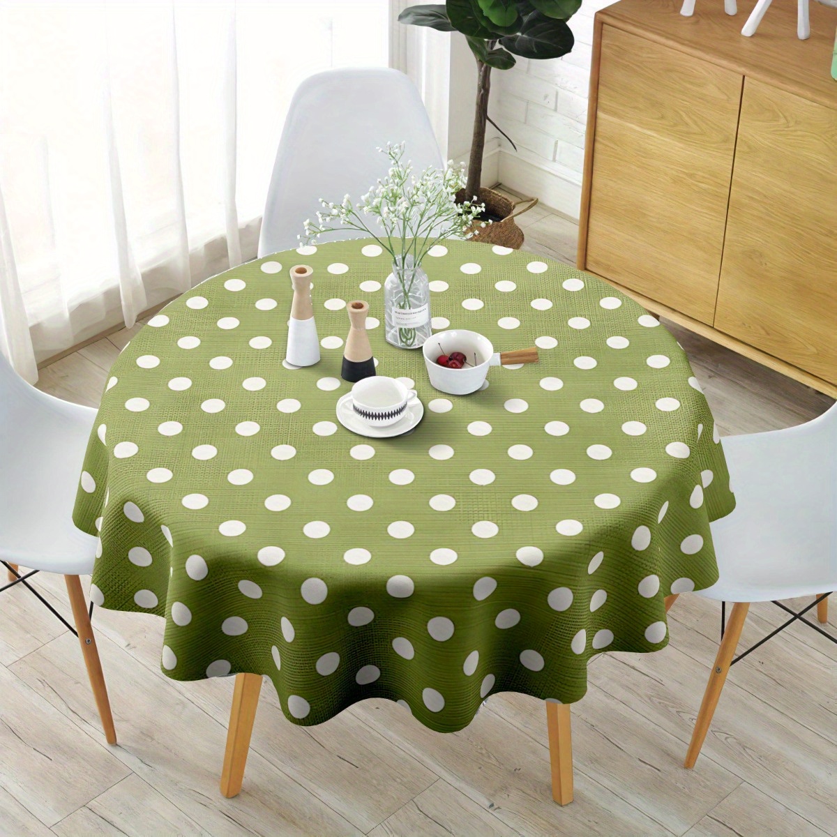 TEMU 2d Printed 59x59in/150x150cm Retro Green And White Polka Dot Round/rectangular Tablecloth - Washable Microfiber, Durable Machine- Kitchen Dining