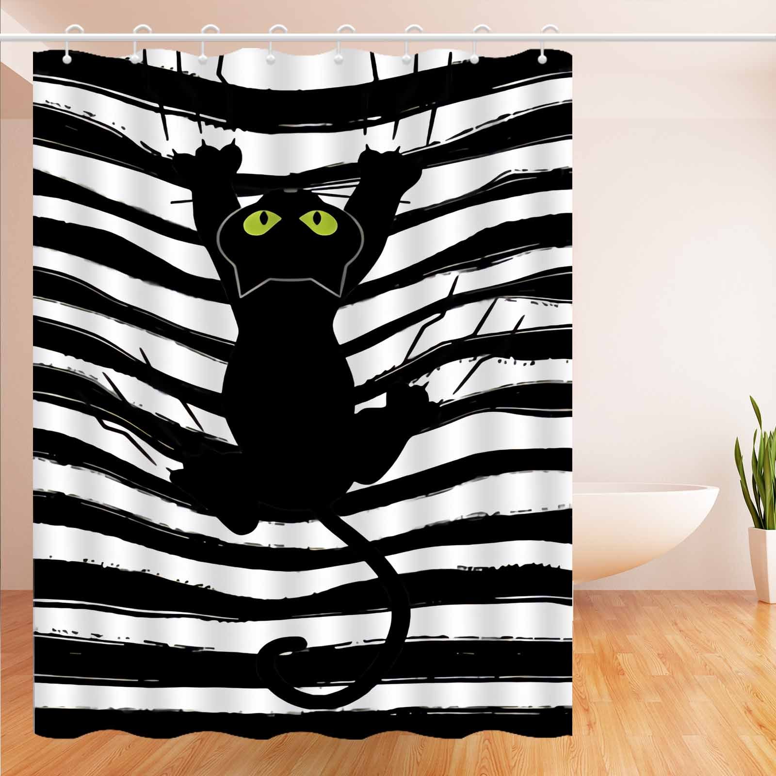 TEMU Jit1pcs Modern Minimalist Nordic Cat Black And White Striped Shower Curtain, High-end Elegant Bathroom Curtain, Bathroom Decoration Pattern
