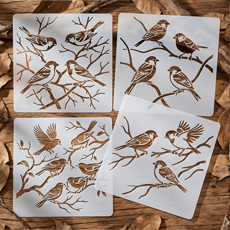TEMU 4pcs Set Of Branch Bird Hollow-out Stencils - Reusable Plastic Material, Suitable For Crafts, Wall Decor, Fabrics, Scrapbooking, Includes Branch