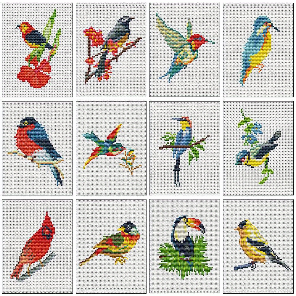 TEMU 12- Vogelpatroon Mini Kruissteek Set Geschikt voor Volwassenen en Beginners, Handgemaakte Naaiwerk Thuisdecoratie