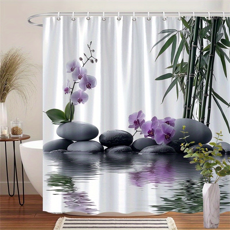 TEMU 1 rideau de douche - Pierres grises sur eau calme avec bambou luxuriant et orchidées blanches, design blanc , tissu polyester durable lavable en