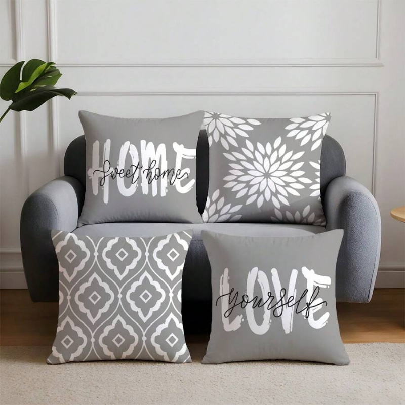 TEMU 4pcs Set Of Gray Lettered Stripe Pattern Printed Pillowcases With Zipper Closure, A Gift For Couples, Pets, - Machine Washable Home Decor,