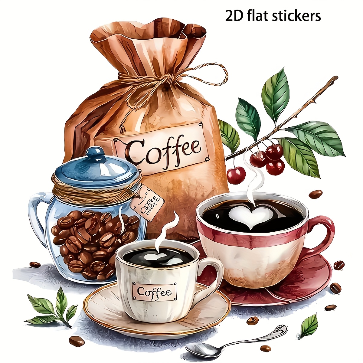 TEMU Autocollant en vinyle sur le thème du café, adorable, de 15 cm - Design irrégulier brillant avec des de café et une tasse, auto-adhésif pour