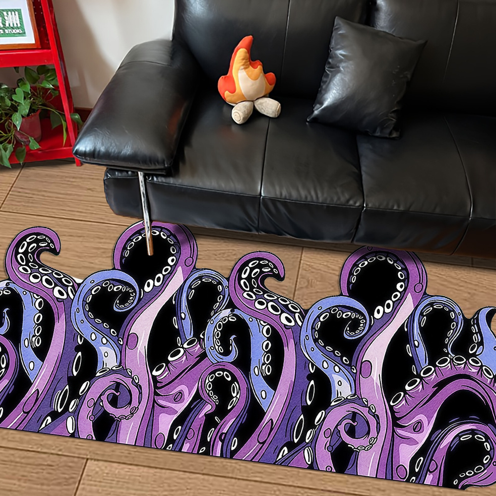 TEMU 1pc Velvet 850g/mÂ² Irregular Strip Mat With Purple Octopus Tentacle Art Print, Non-slip Backing, Machine Washable,, Easy To Clean, Suitable For