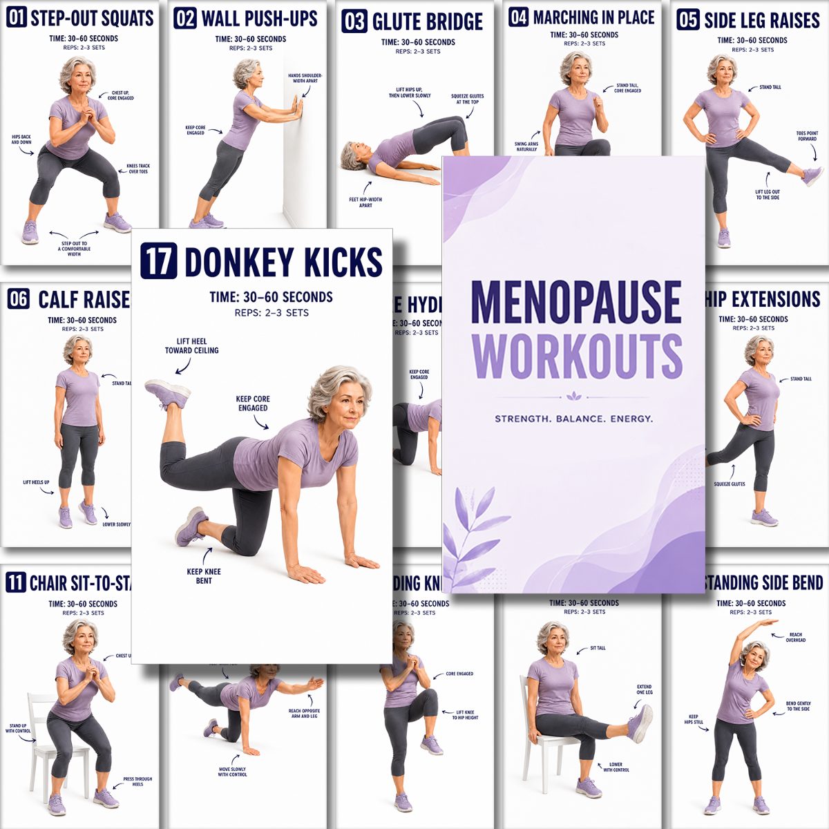 TEMU Lot de 20 cartes d'entraînement pour la ménopause adaptées aux femmes de 45 ans et plus, guide d'entraînement à domicile et d'exercices à faible