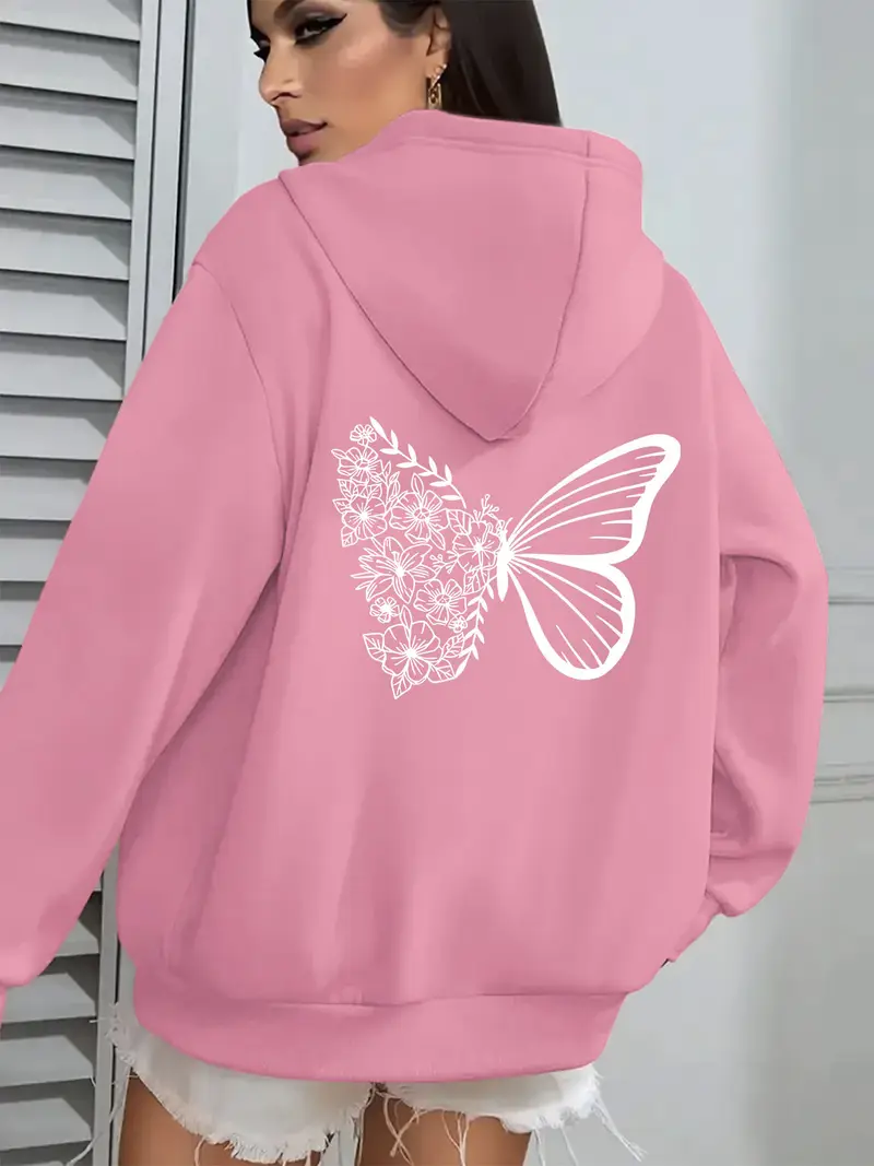 Pink Women'SÂ Hoodie - Floral Butterfly back Print Sweatshirt
