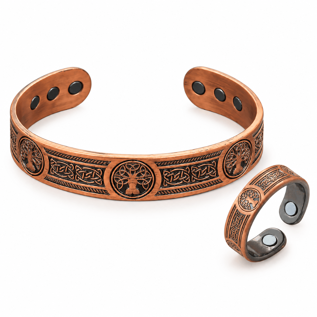 TEMU 2pcs Retro Magnetic Bracelet Ring Set, Engraved With Tree And Celtic Knot Patterns, Open-ended Bracelet Ring Jewelry, Suitable For Men And Women