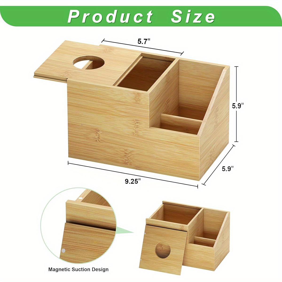 bamboo square tissue box cover a multifunctional organizer for your nightstand   storing tissues in   bathroom or office it features compartments for holding ipads phones and remote controls natural Product details 0