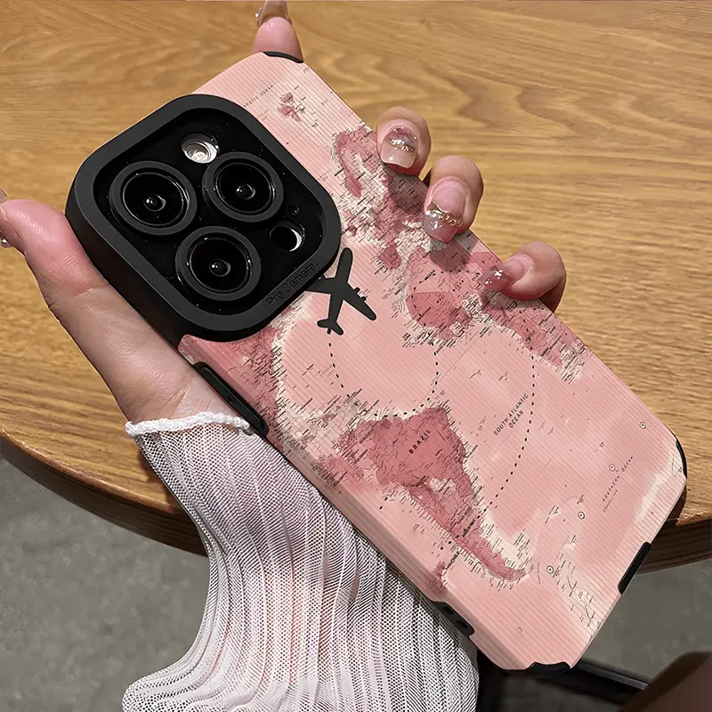 Foto de Funda con diseño de mapa de aviación de avión rosa.