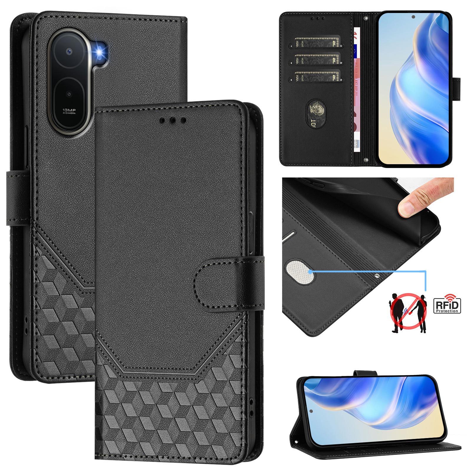 TEMU Phone Case - Faux Leather Phone Case With Black Lanyard Suitable For Redmi A7 Pro, Honeycomb Embossed Protective Case, 3 Card Slots 1 Cash Slot