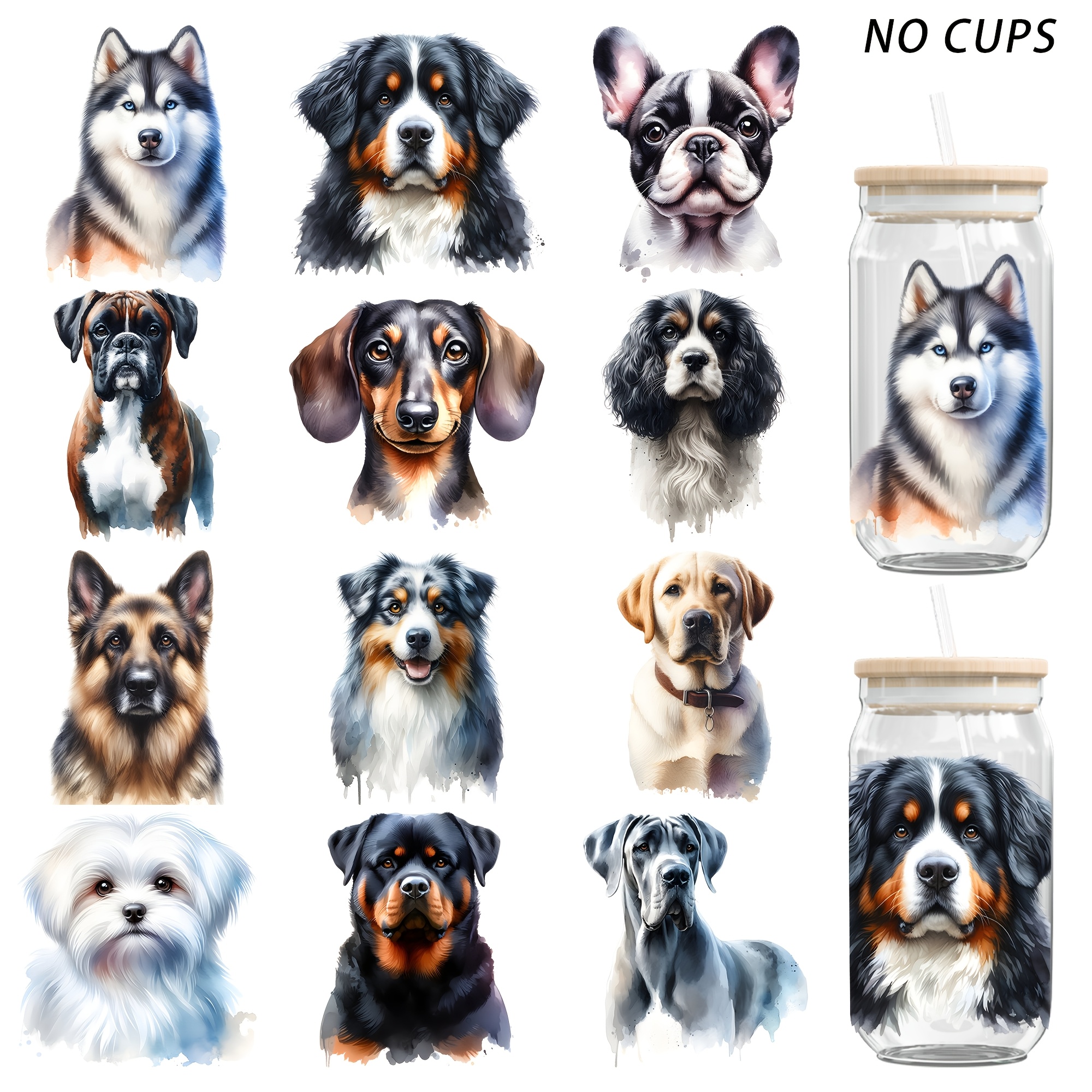 TEMU Transfert pour tasse à eau UV DTF - 12pcs Thème Race de Chien Imperméable 16OZ Tasse à eau en verre Pot à eau Mug de de transfert UV DTF haute ,
