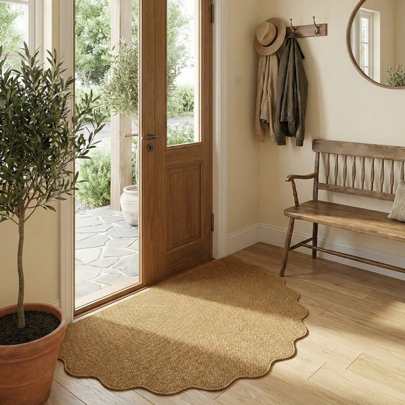 Image of 1pc Half-circle Rippled Edge Carpet Suitable For Pet Owners, Machine Washable Soft Jute Suitable For Living Room, Bedroom, Entryway, Modern Minimalist Half-round For Small Spaces, For Floors