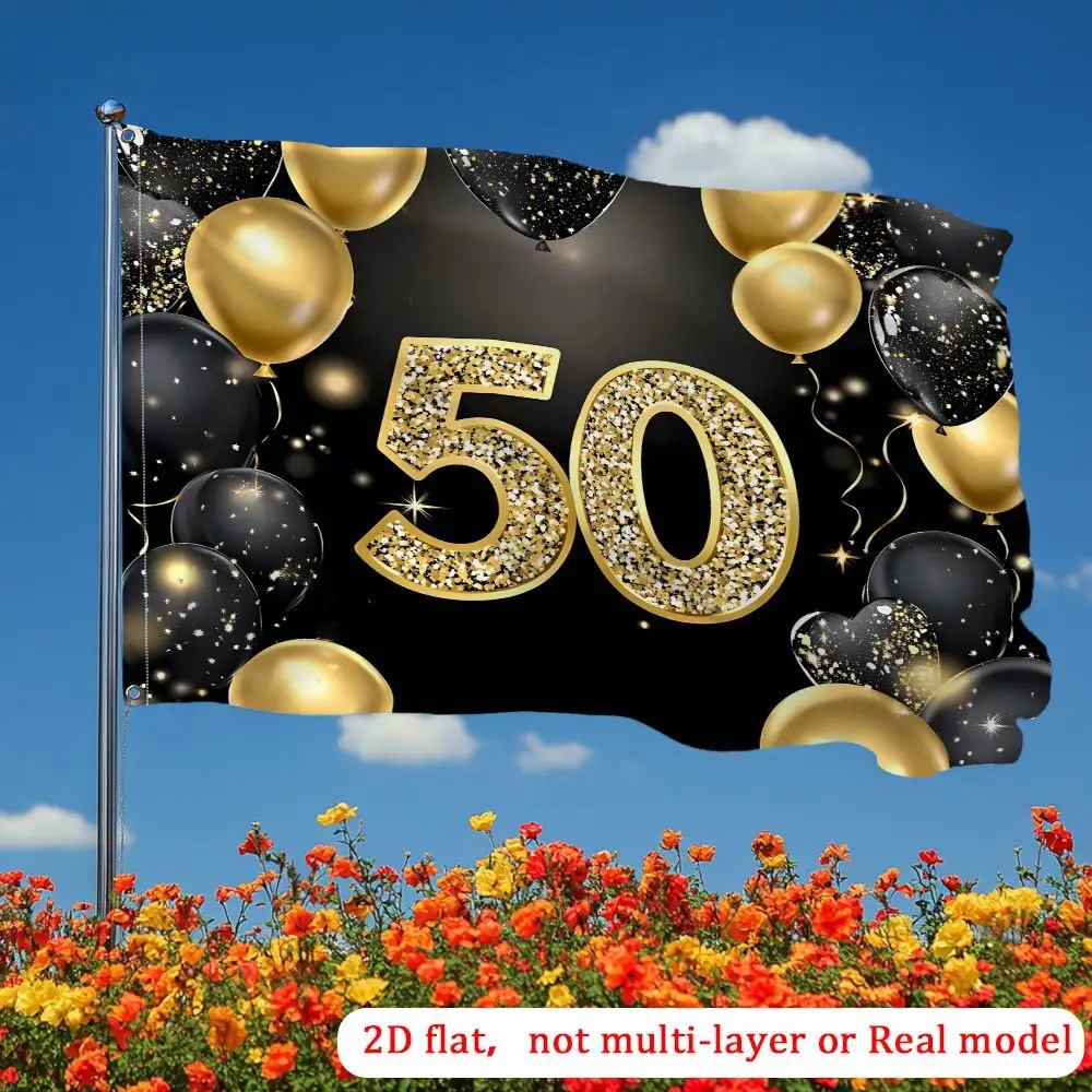 TEMU 2d Flat, 2d Printing Garden Flag 1pc Golden Anniversary Flag - 50th Birthday Party Decor With Sparkling Golden, Black & Golden Balloons, Durable