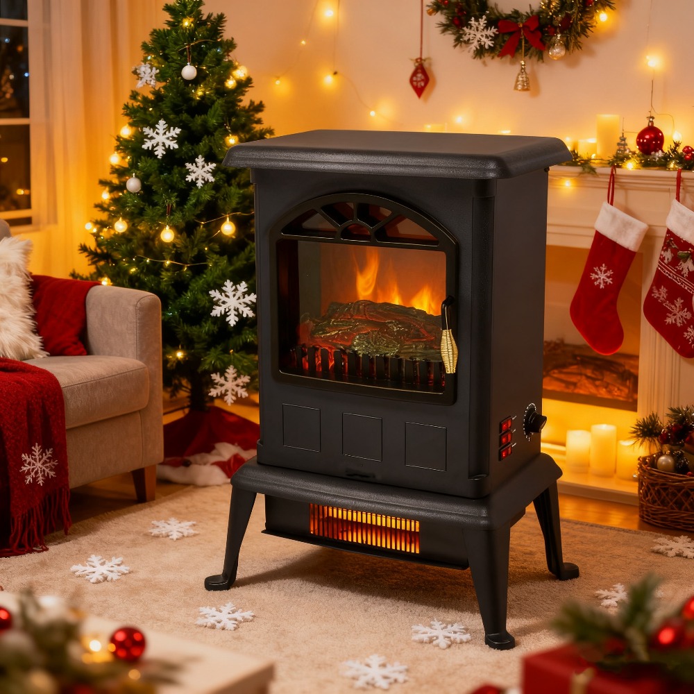 TEMU 1500w Infrared Space Heater With Realistic Fake Logs, 17" Freestanding Indoor Electric Space Heater , Safe Exterior, & Tip-over Protection, Freestanding Black Design