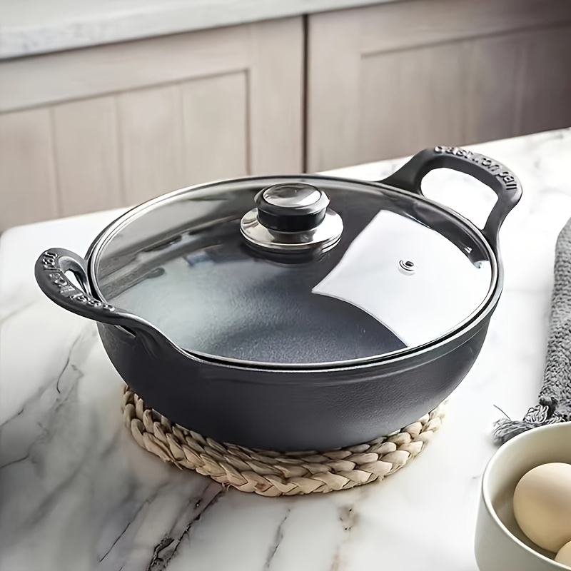 TEMU 2pcs Set (cast Iron Pot   Lid) Pre- Cast Iron With Lid, , Double Handle, Durable, , Ideal Outdoor Bbq And Camping Essentials | Stylish | Durable