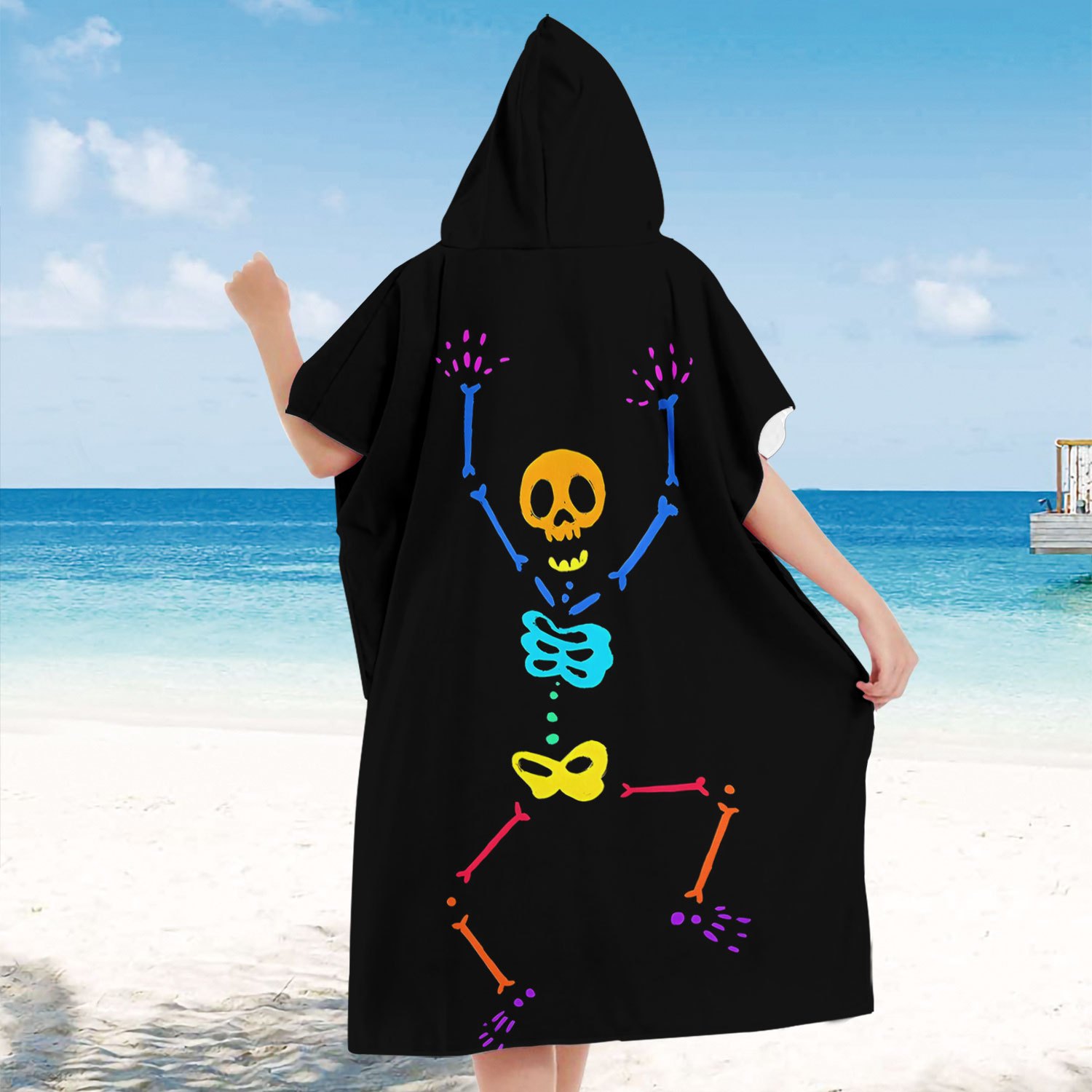 TEMU Breathable Hooded Surf Poncho - Fast-drying Microfiber Swim Towel With Skeleton Graphic Print, Lightweight & Durable For Beach, Snorkeling,