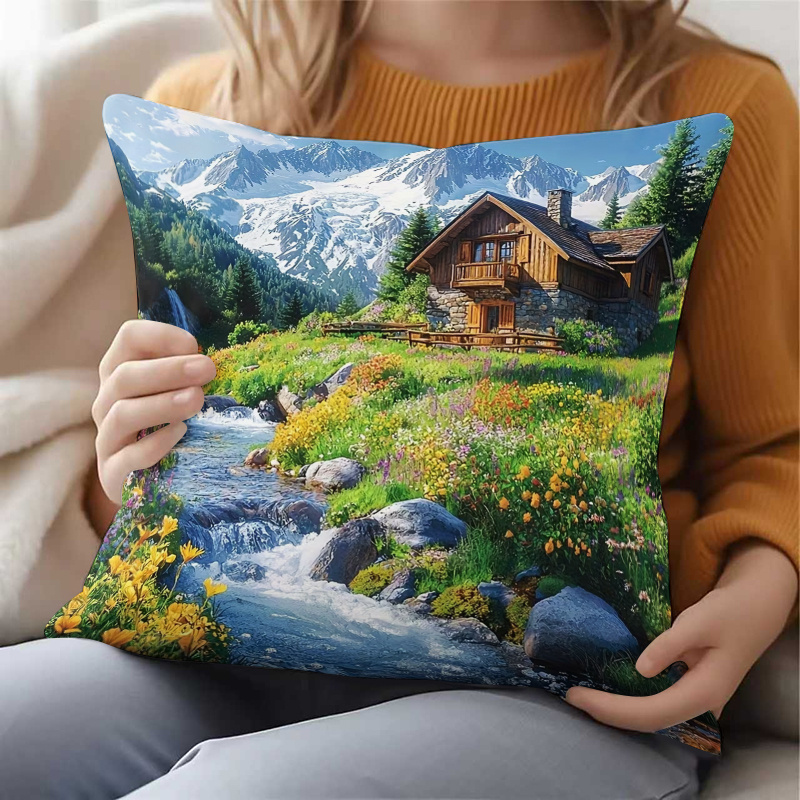 TEMU 1pc Beautiful Alpine Scenery Pillowcase â View, Stream House Illustration Cushion Cover â Indoor Outdoor Decor Pillowcase â Fabric â Zipp