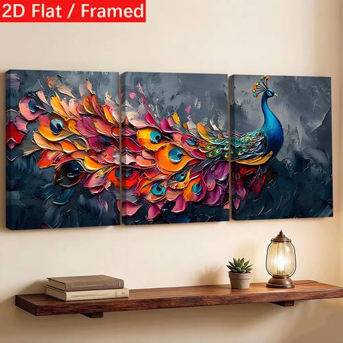 2d flat 2d flat poster and painting 3pcs peacock canvas wall art set with wrapped frame thick coating textured painting home decor 2d flat