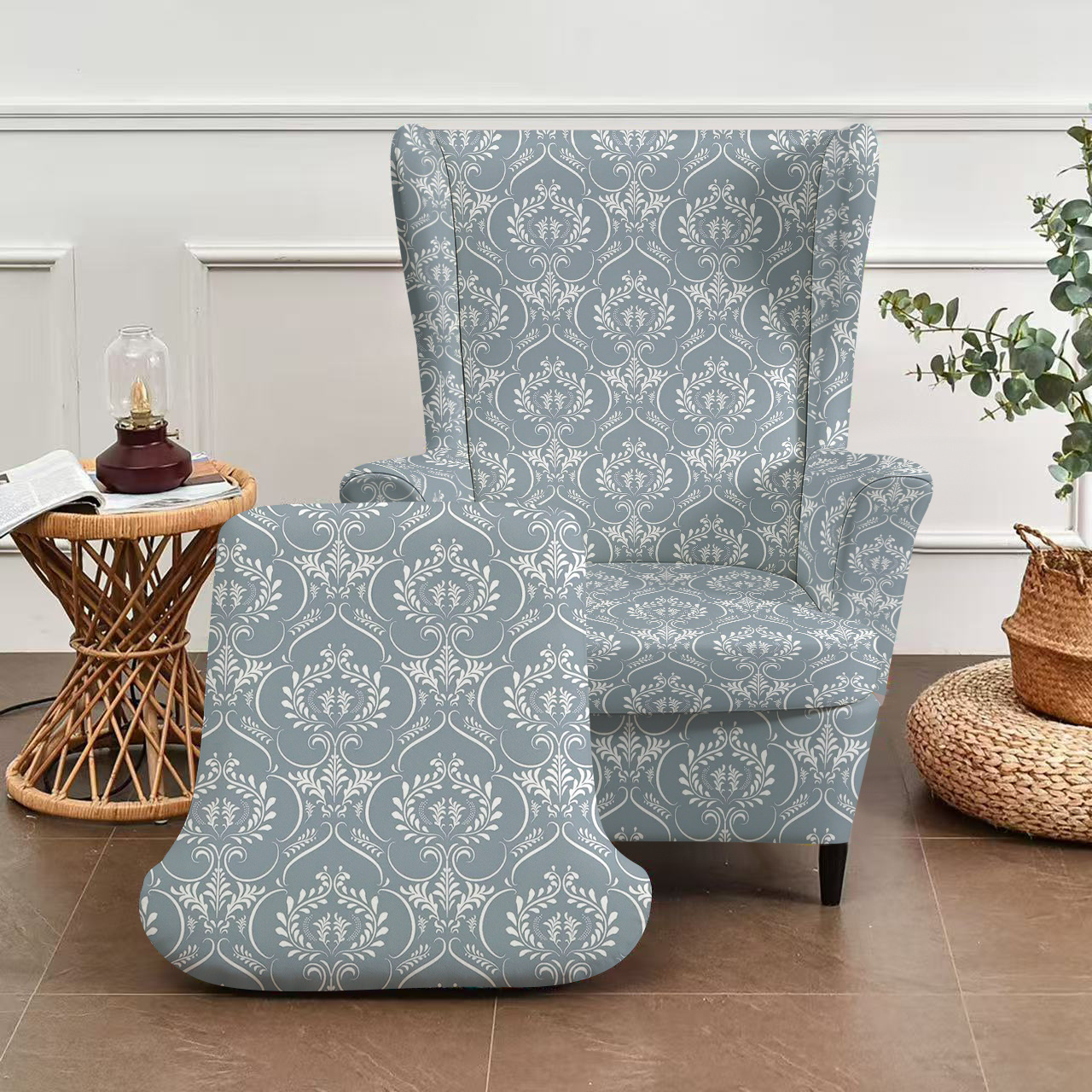 TEMU 2d 2pcs/set Light Blue European Vine Print Tiger Bench Cover With Armrest And Backrest Single Sofa Cover, High-elastic Full Coverage Design,