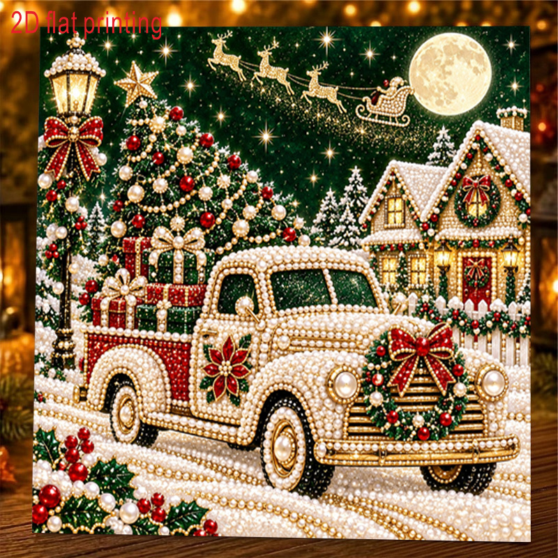 TEMU 1pc, 2d Flat Printing, Pearl Art Diamond Painting Set, Pearl Inlaid Diamond Style Christmas Illustration, Small Car Carrying Gifts Driving In