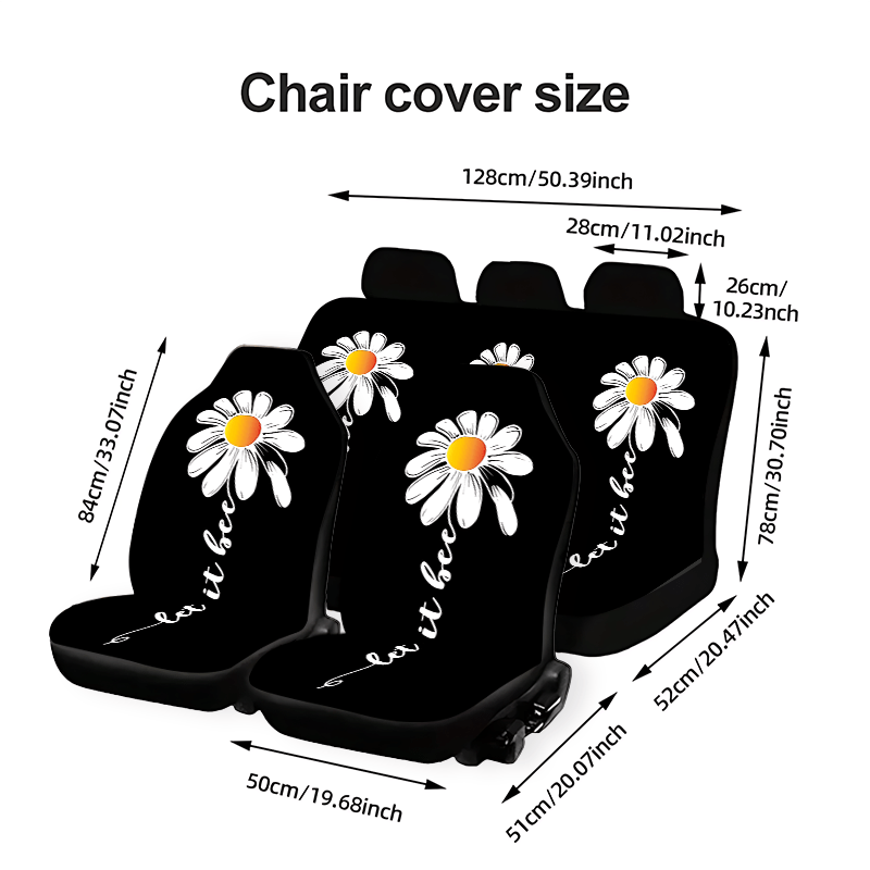 TEMU [car Seat Cover Full Set] Daisy Flower Auto Cover Set Black & White Stylish Washable - Front And Split Rear Suitable For Suv & Car & Van | Ideal
