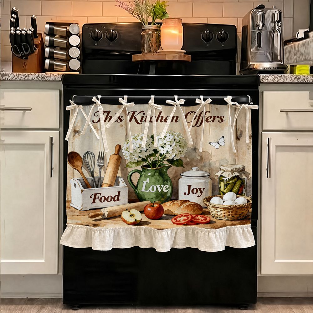 TEMU 2d Style, Multifunctional Oven Protective Curtain, Rustic Kitchen Still With Food Love Joy Text And , Suitable Kitchen Skirt, Dishwasher,