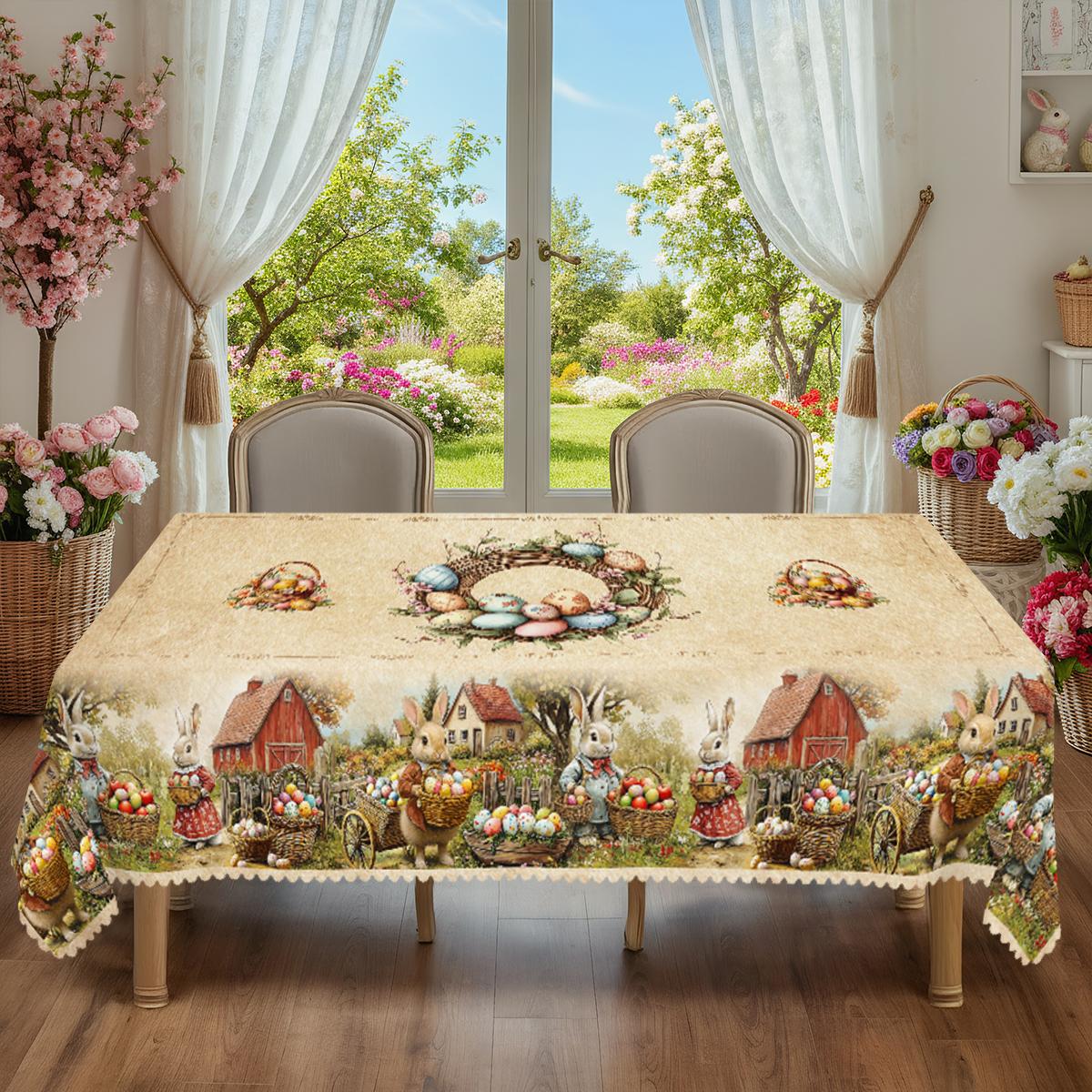 TEMU 1pc, Easter Themed Party Tablecloth, Spring Summer Rabbit Colored Eggs Floral Country Farmhouse Style Printed Design, Rectangular/round/oval