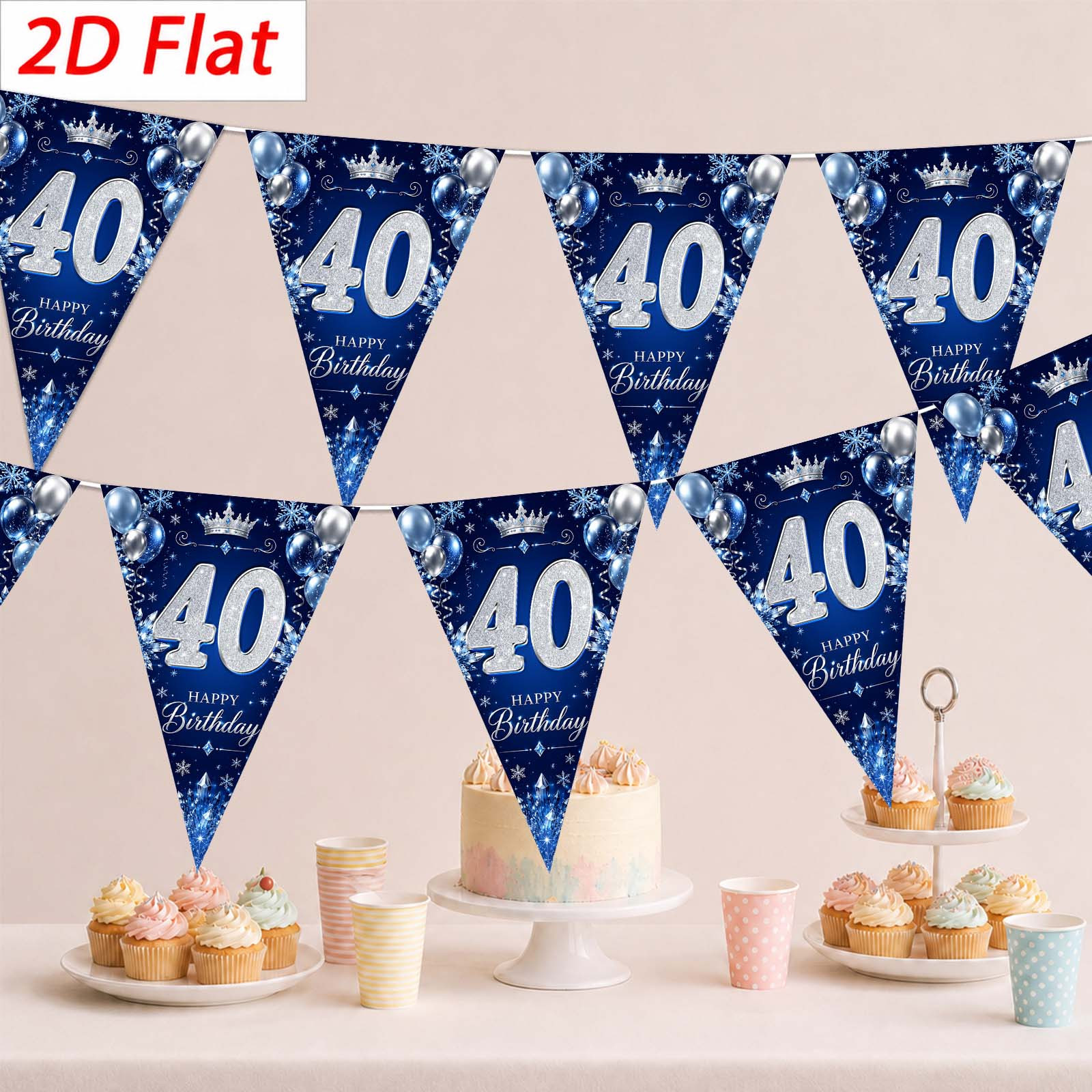 TEMU 2d Flat, 2d Flat Banner Party Pennant, 10pcs, Material, 40th Birthday Triangle Pennant Decoration, Blue And Silvery Combination, Birthday Theme