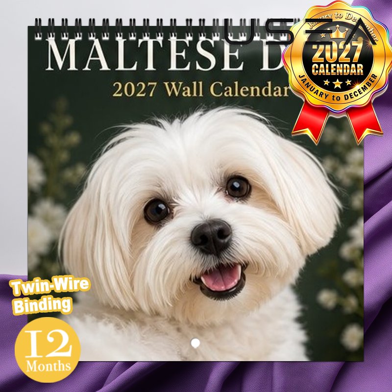 TEMU 1pc 2027 Maltese Dog Wall Calendar With Large Blocks & Twin-wire Binding - 12-month Hanging Calendar Suitable For Home Office Decor, Us Federal