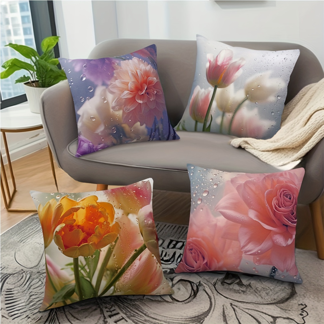 4pcs 17 72x 17 72inch   glass flower   pillow   set car cushion cover living room sofa bedroom pillow bedside backrest pillowcase home decoration pillow   double sided printing Product details 1