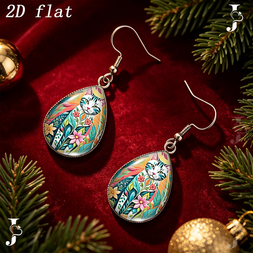 Teardrop Dangle Earrings with Folk Art Cat Floral Pattern