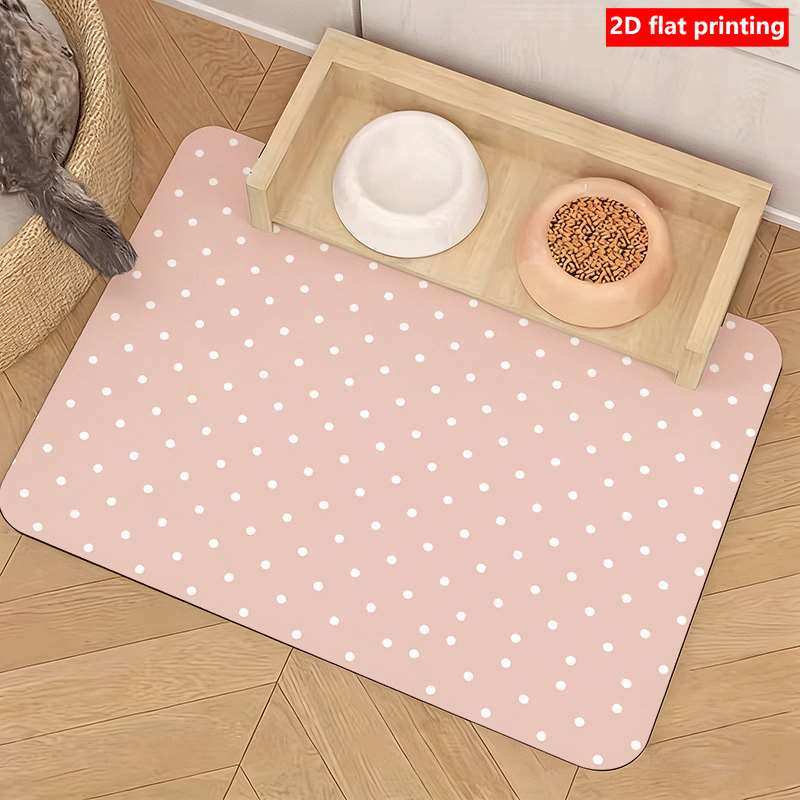 TEMU 1pc Of 2d Flat Printed Pet Feeding Mat, Simple And , With A Non-slip Rubber Base. Features A Pink Base Polka Dot Pattern. Used In Pet Activity