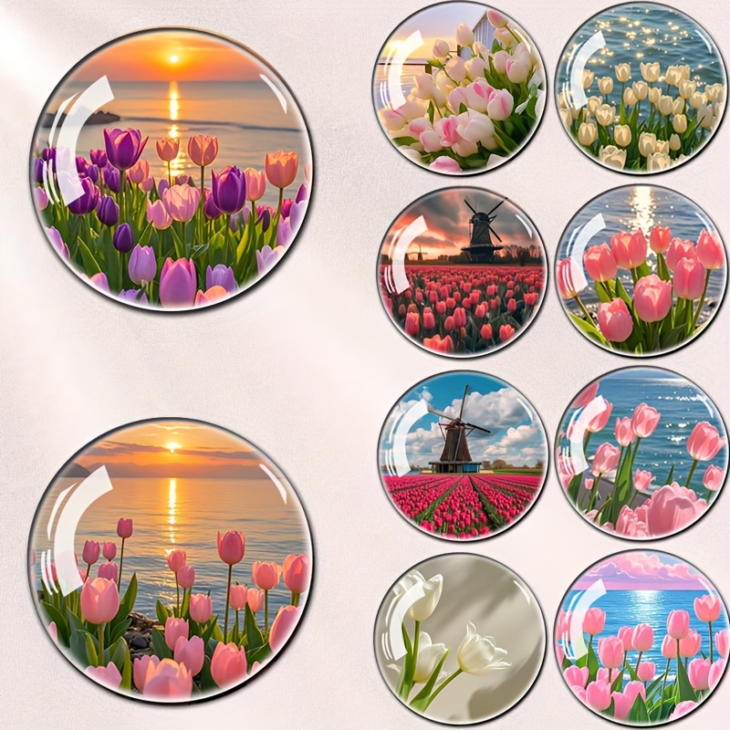 TEMU 10pcs Pack Fridge Magnets Suitable For Kitchen, Office & Home Decor - Round Plastic Magnets With Tulip, Decorative Holders For Whiteboard,