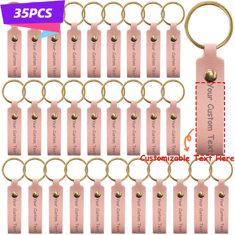 TEMU Lot de 35 porte-clés personnalisés en cuir PU gravé, anneau porte-clés avec nom personnalisé de 7x1,6 cm et anneau en métal, étiquette