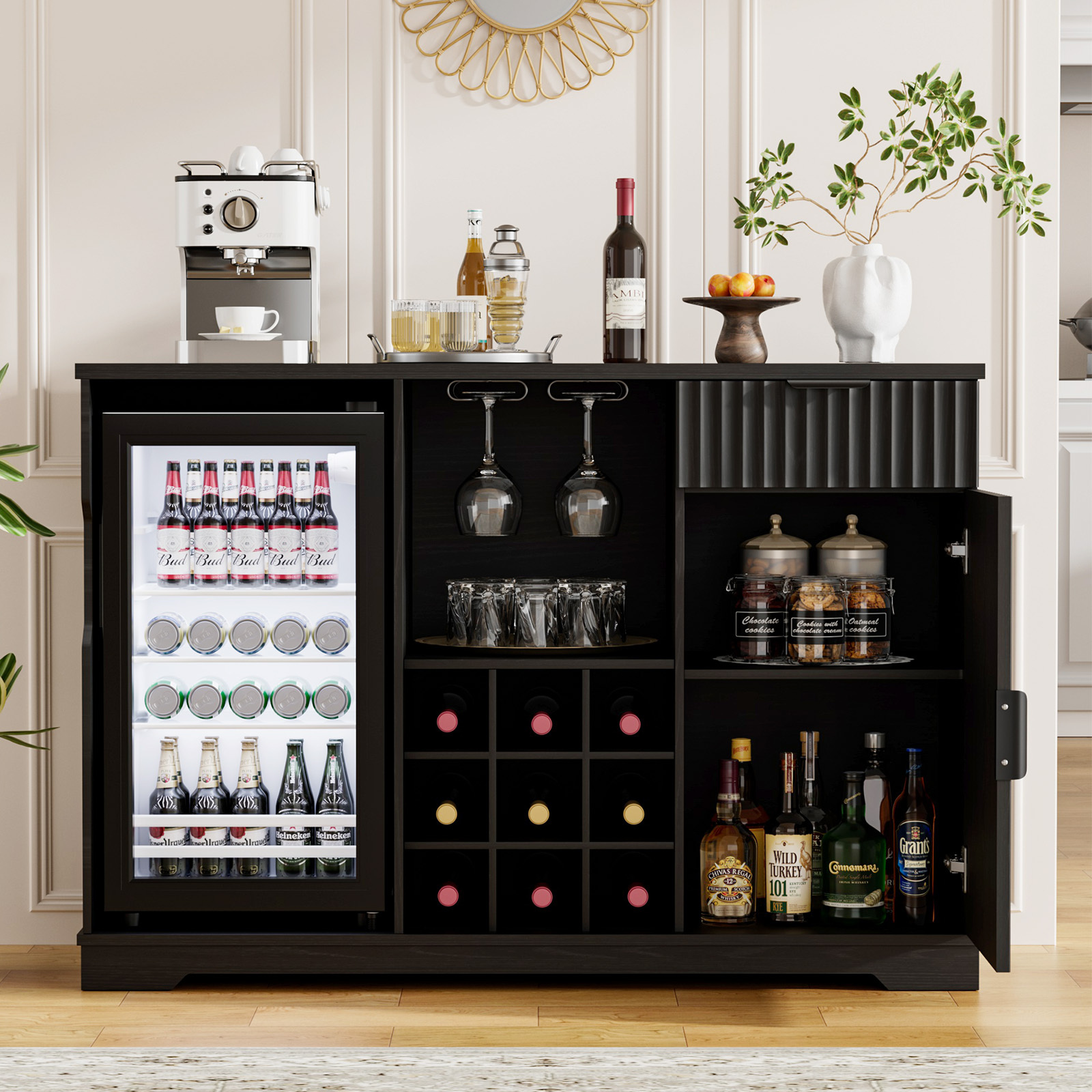 Industrial 4-Tier Wine Bar Cabinet - Metal & Wood Storage