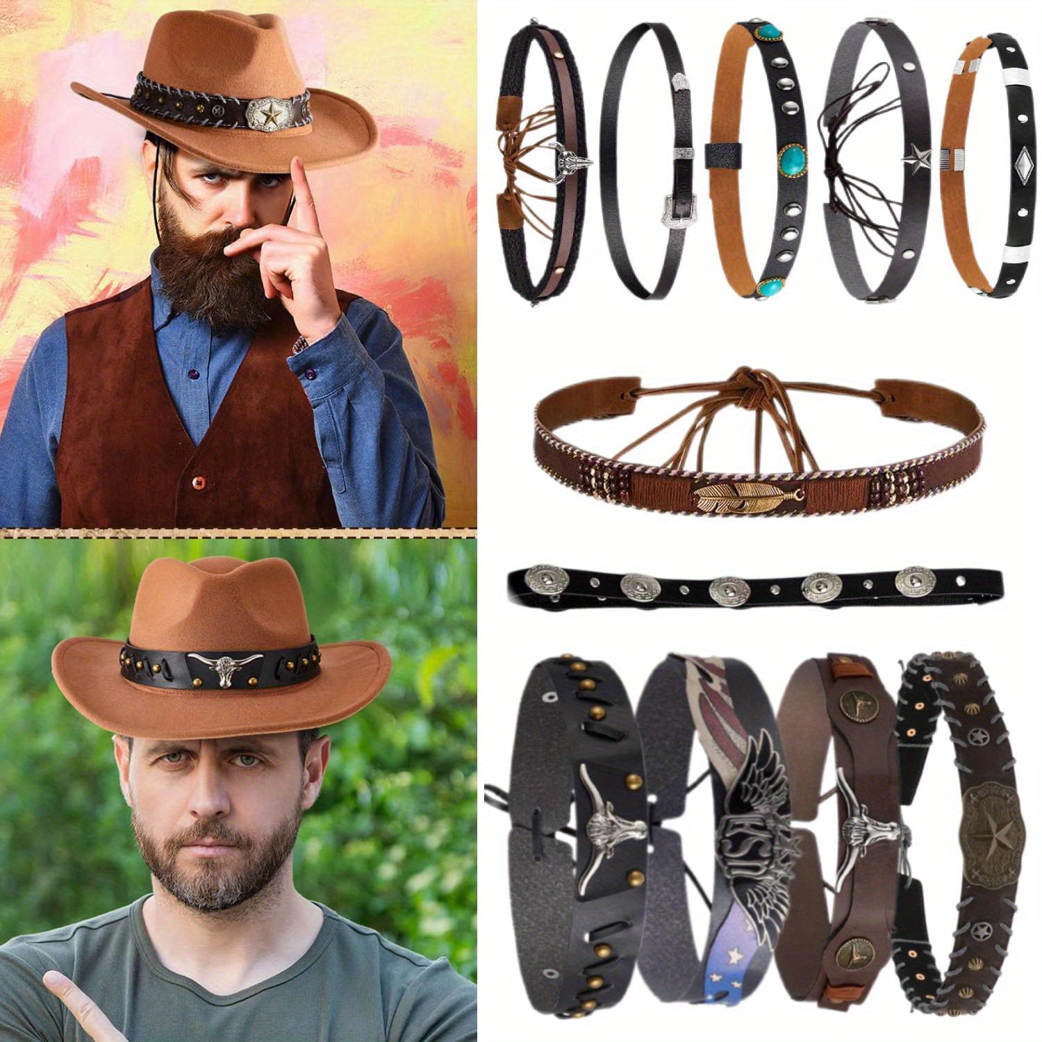 Western Boho Hat Bands Set 12pcs Adjustable Fedora Panama Accessories Unisex 12pcs ethnic style faux leather hat bands for cowboy hat  main image 4
