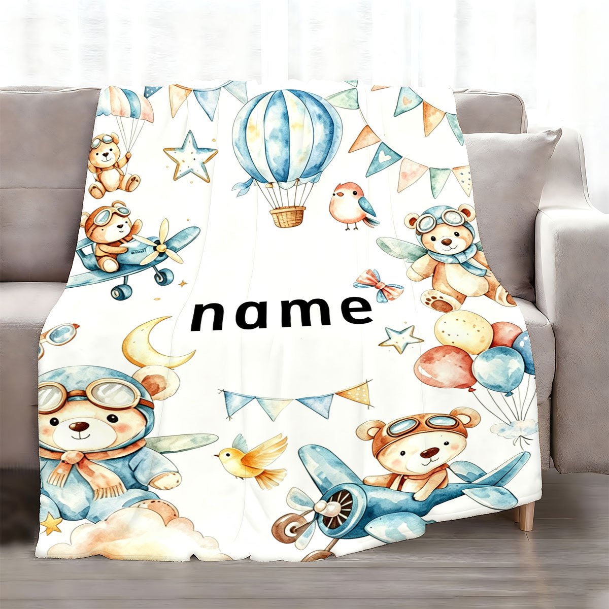 Pilot Bear Airplane Hot Air Balloon Customizable Name Blanket