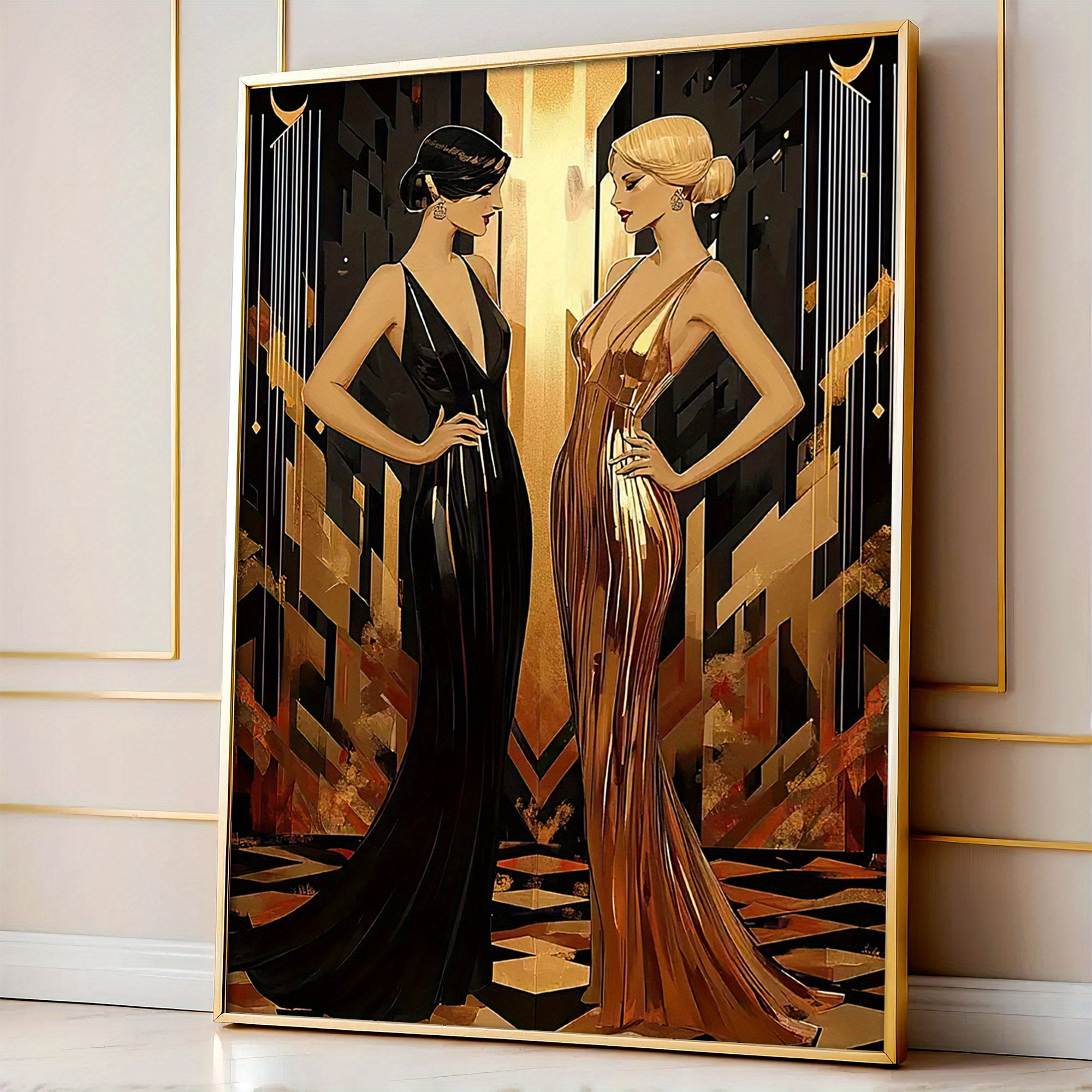 1pc elegant 1920s nightclub duo framed canvas art - golden & black dresses,  vibrant geometric background, living room & bedroom decor, unique festival  gift | Today's Deals | Temu