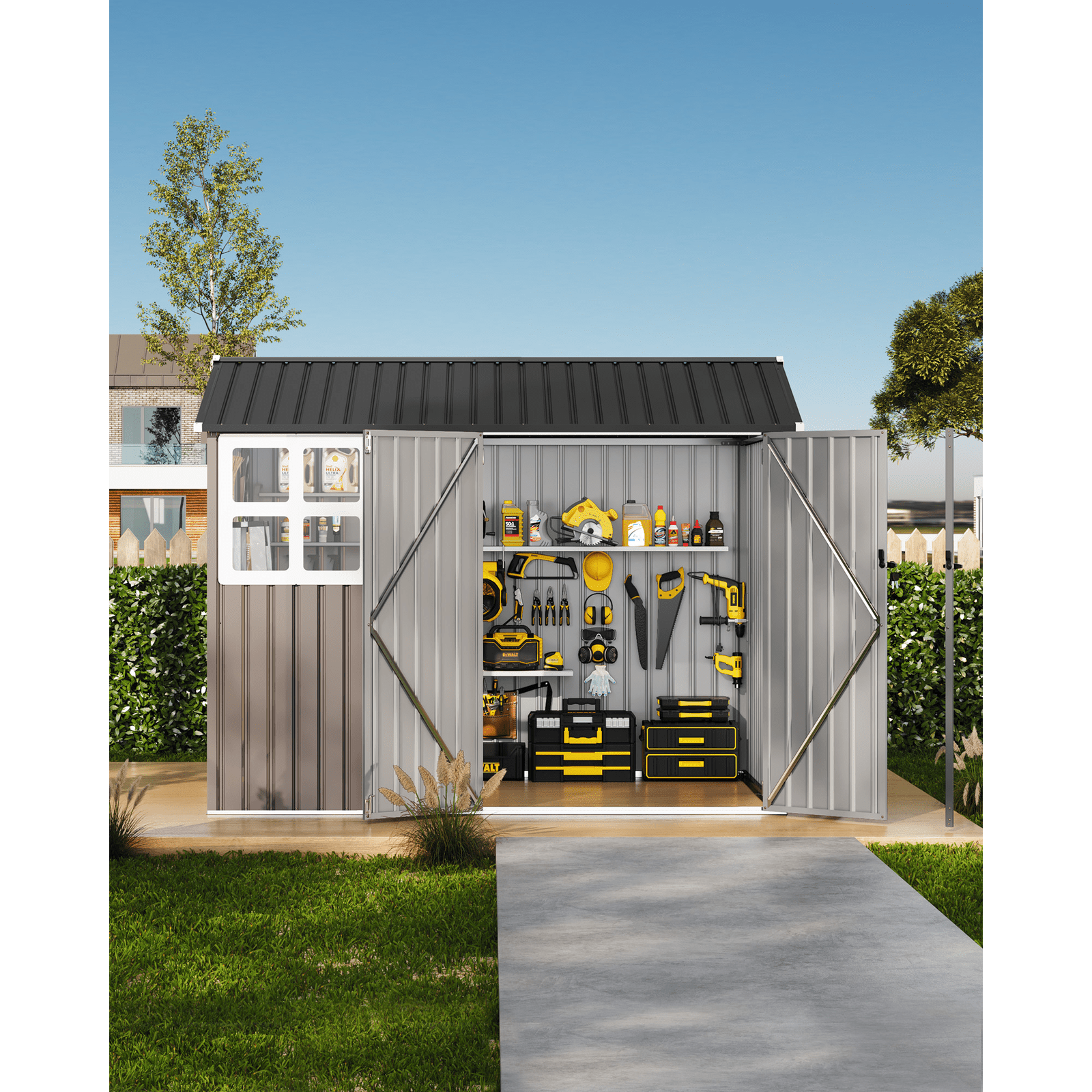   6x8ft Outdoor Storage Shed, Metal Garden Tool Shed with   Frame Structure, Lockable Doors and Windows, Ideal for Backyard Garden Patio Lawn, Brown