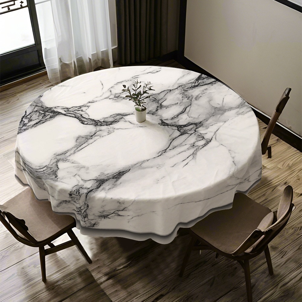 TEMU 1pc Elegant Egyptian Kamia Style Marble Print Round Polyester Tablecloth- White Gray Marble Pattern, Suitable For Mother's Day, Graduation,