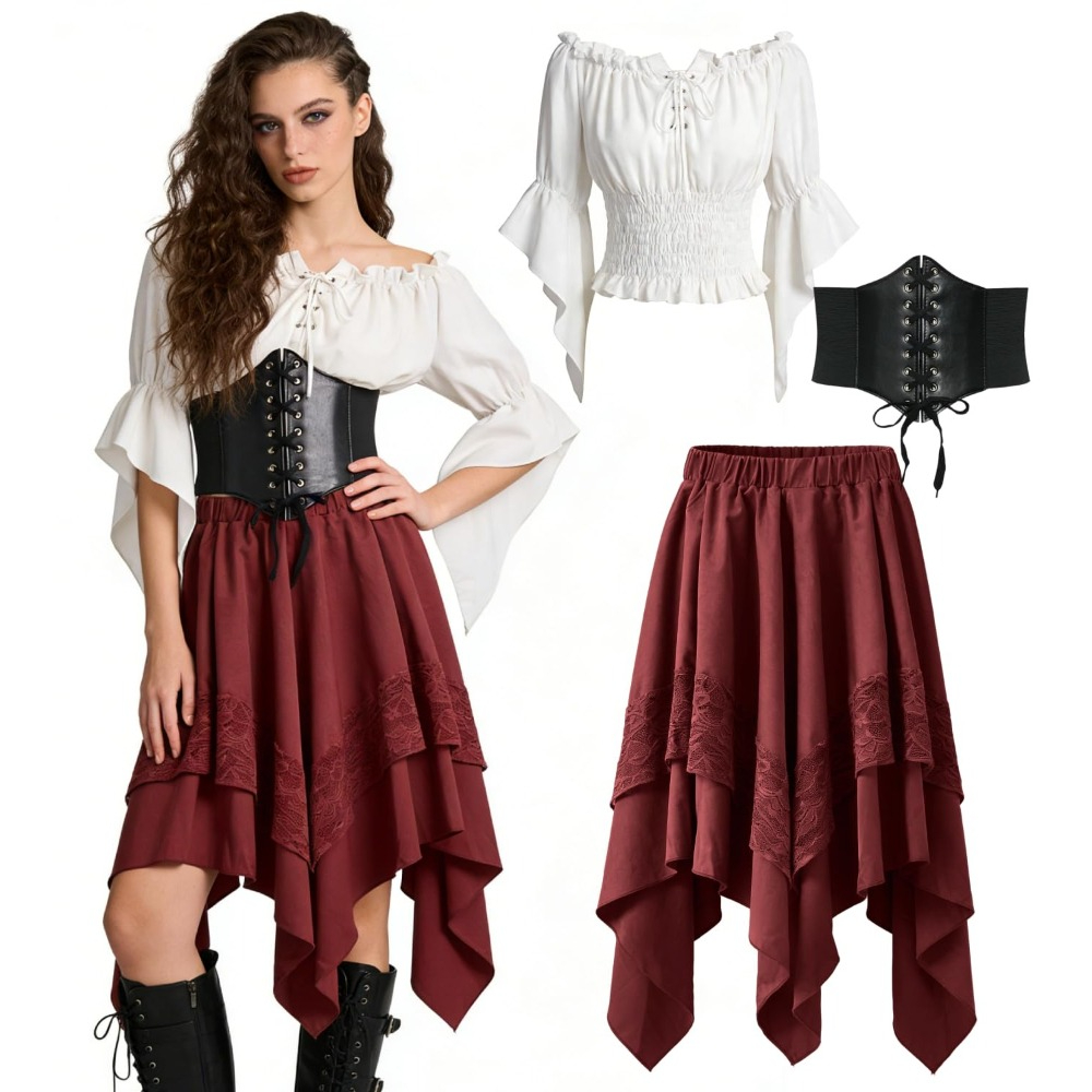 Image of Women's Pirate Costume Medieval Dress Gothic Outfit With Belt White Blouse And Skirt Set, Festival Outfit For Carnival Halloween Party