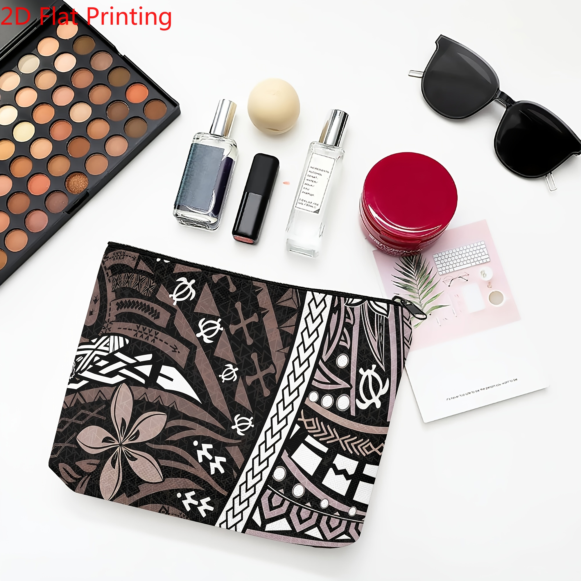 TEMU 2d Flat Print, 1pc, Material: Cosmetic Pouch, Samoan Polynesian Hawaiian-style Fashionable Makeup Bag With Artistic Print, Ideal For Storing