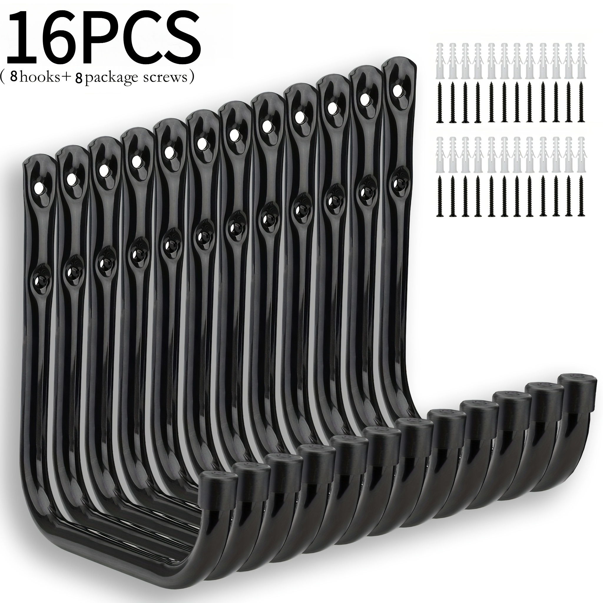 TEMU 16pcs Heavy Duty For Garage Hooks 50.0lb, J Utility Hooks For Garage Organization, Metal Wall Mount Hooks Heavy Duty, Black Anti-slip For Garage