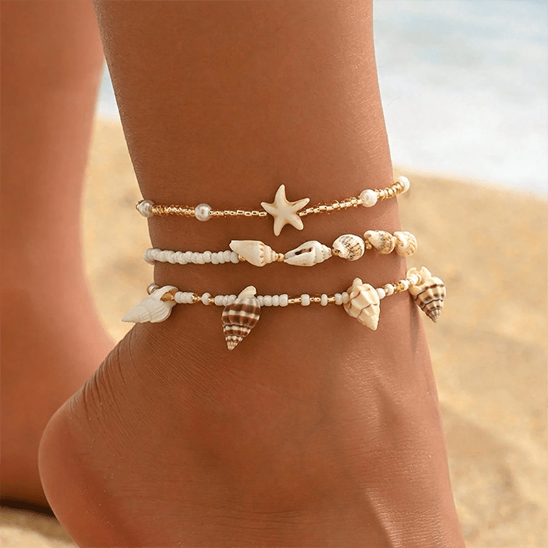 3pcs Women's Anklets Ocean Style Shell Starfish Beaded Set