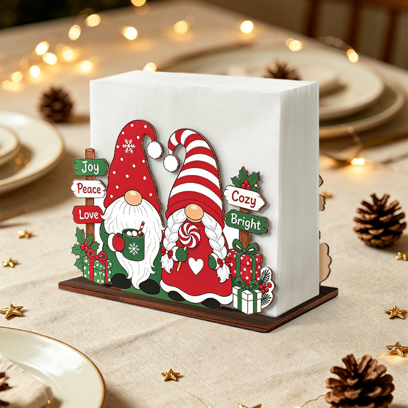 TEMU Porte-serviettes 2D plat en bois de gnome avec chapeau à rayures rouges et blanches - Pince à serviette de table, convient pour la décoration de